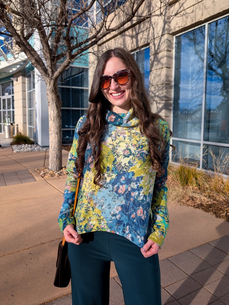 printed top blue green pants trousers winter outfit clara sunwoo
