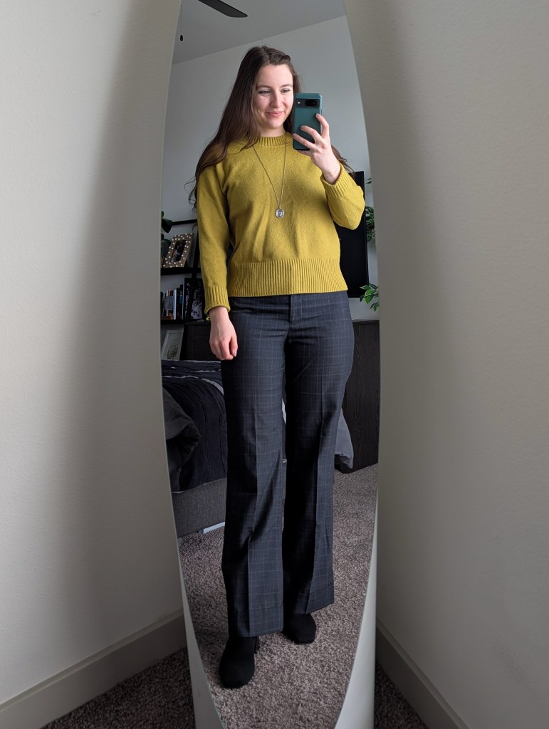 chartreuse sweater banana republic grey windowpane trousers black booties vivaia work outfit