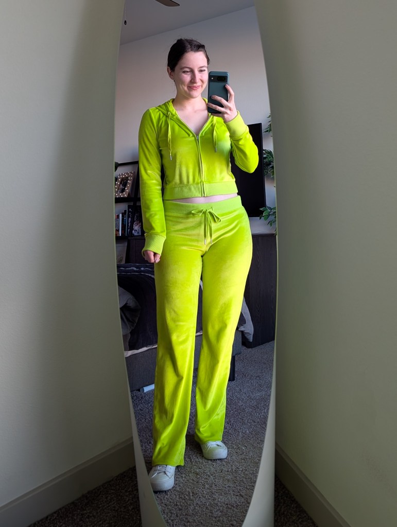 aerie velour tracksuit matching sweat set neon green white sneakers