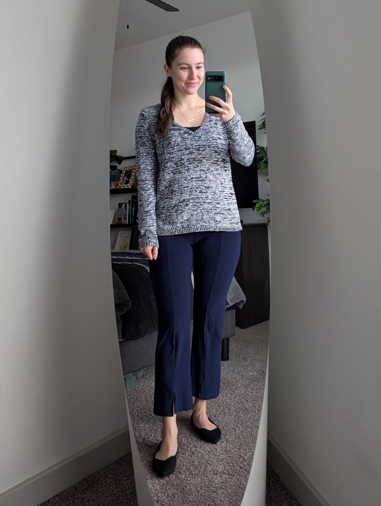 navy and white sweater gap navy pants clara sunwoo black flats rothys