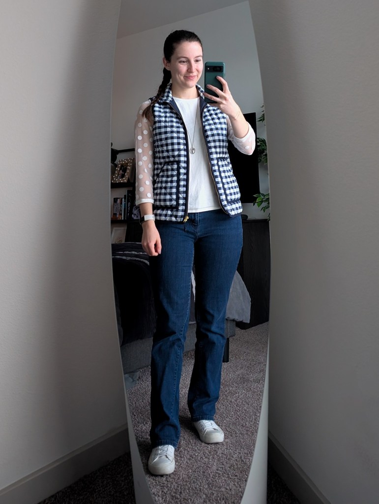 white polka dot tee loft navy gingham vest jcrew levis jeans white sneakers