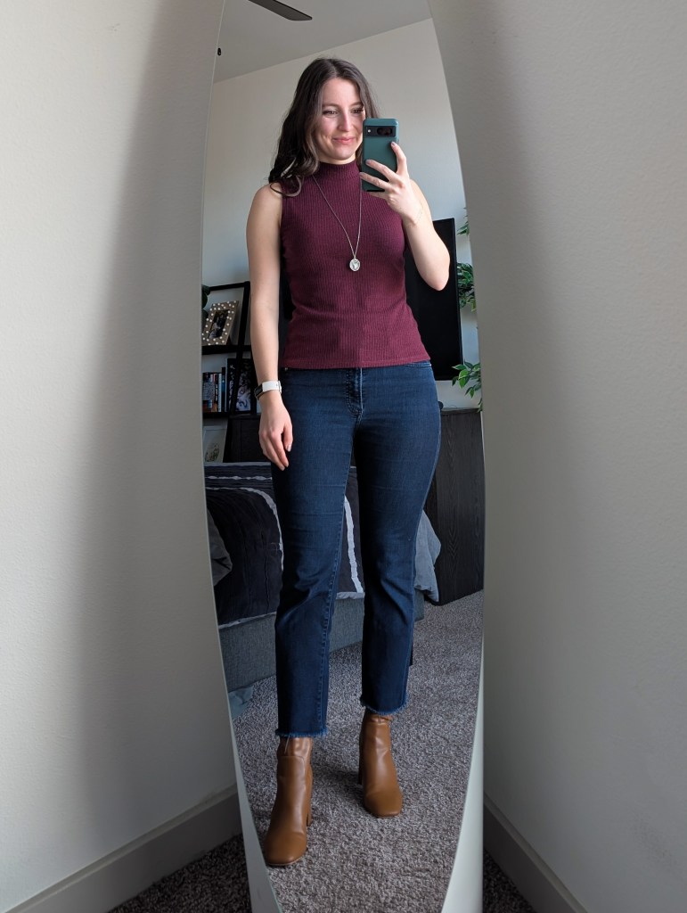 maroon mock-neck cropped flared jeans express brown booties