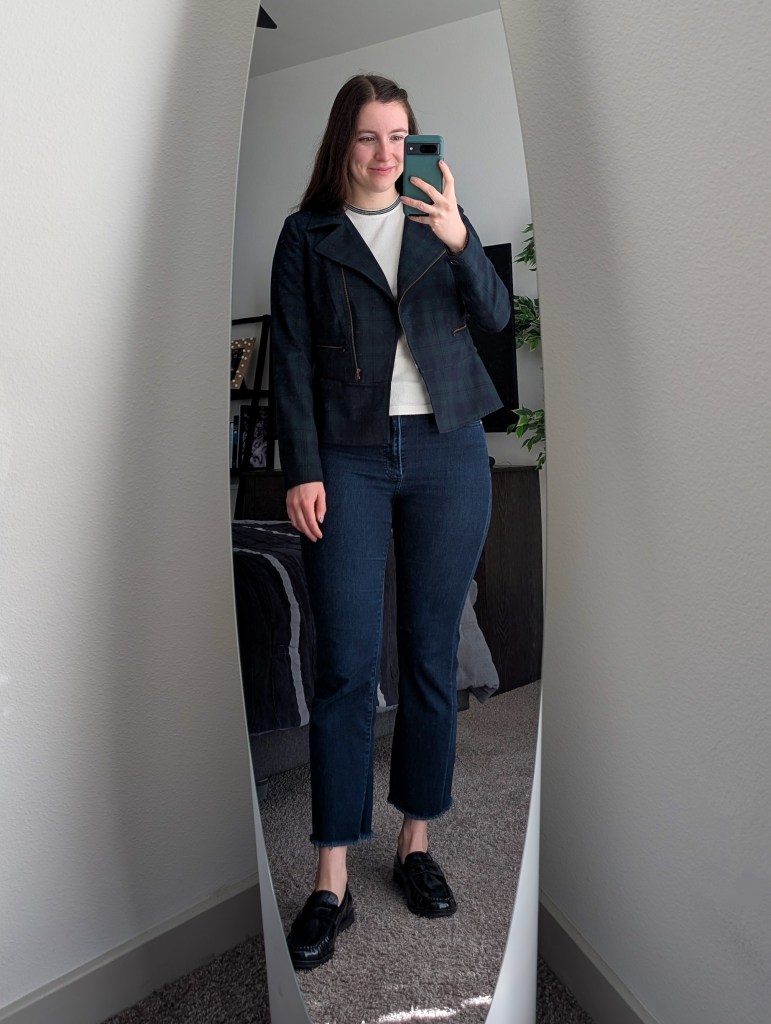 navy jacket cabi cropped flared jeans express white sweater bohme boutique black loafers justfab