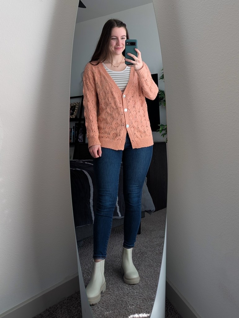 striped tee salmon cardigan express skinny jeans off-white chelsea booties portland leather