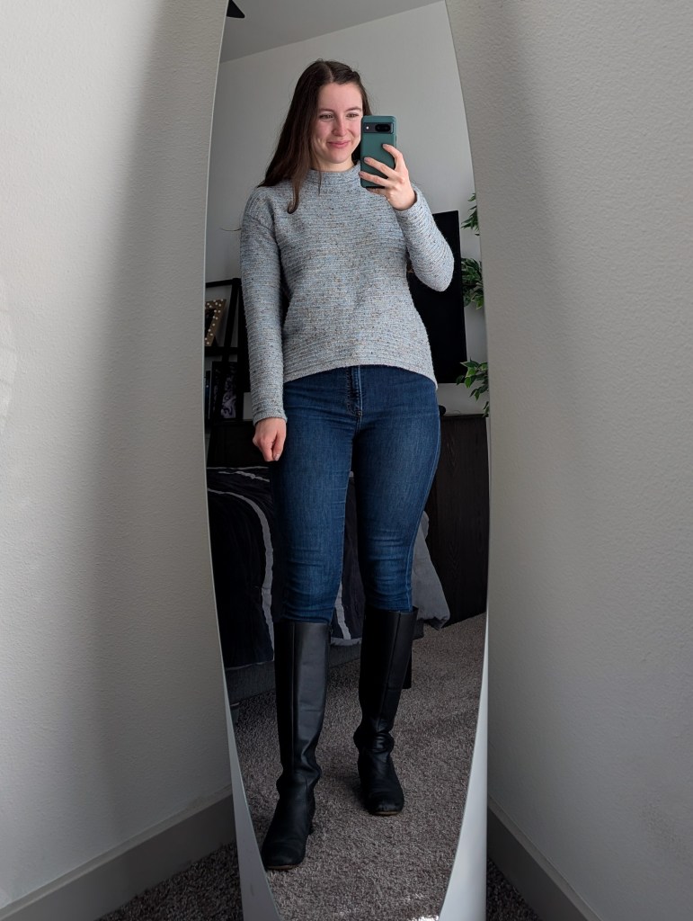 blue sweater sundance skinny jeans black knee boots