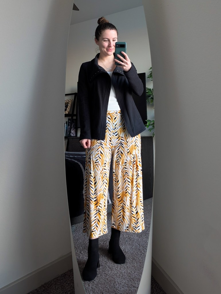 white blouse thrifted yellow printed pants clara sunwoo black jacket fair trade winter outfit