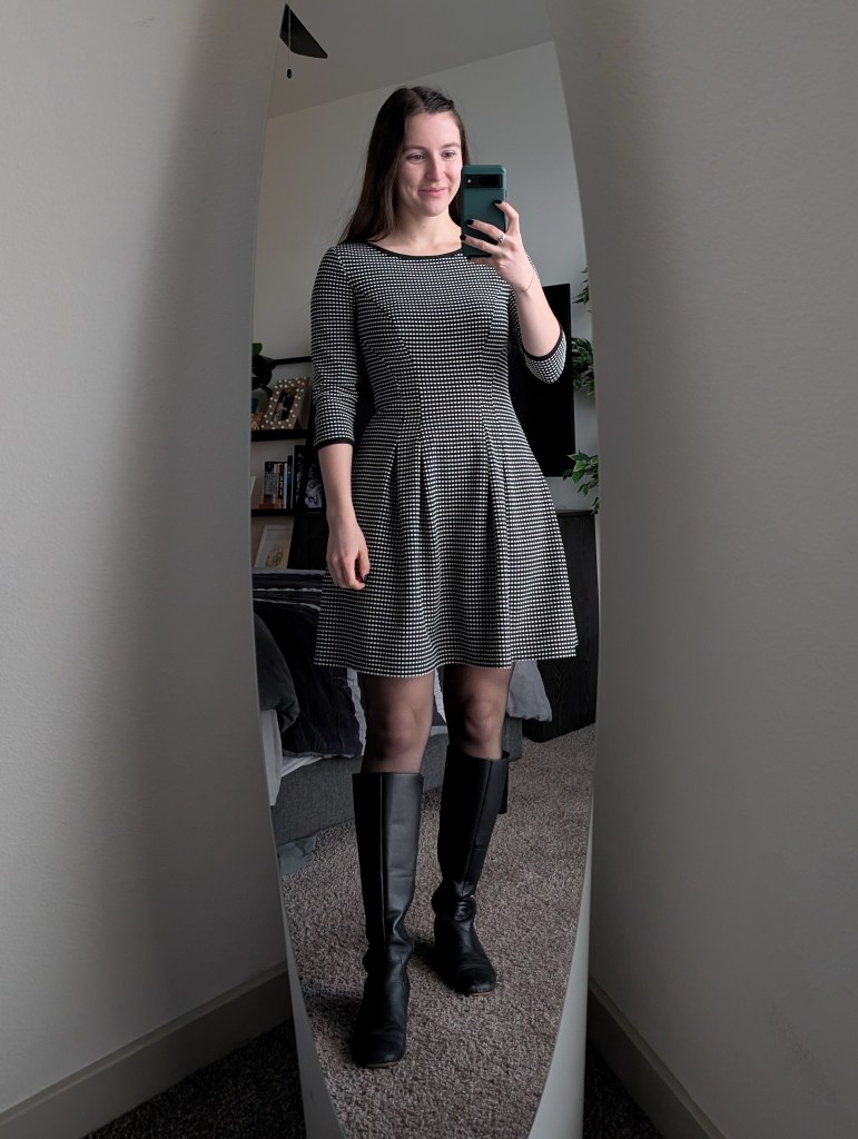 old fashioned printed dress nordstrom rack sheer tights tall boots winter style