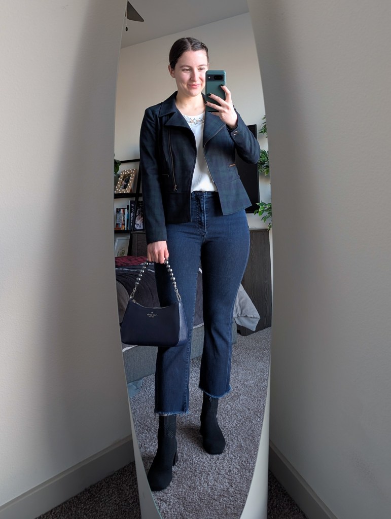 white thrifted blouse plaid cabi jacket cropped flared jeans express