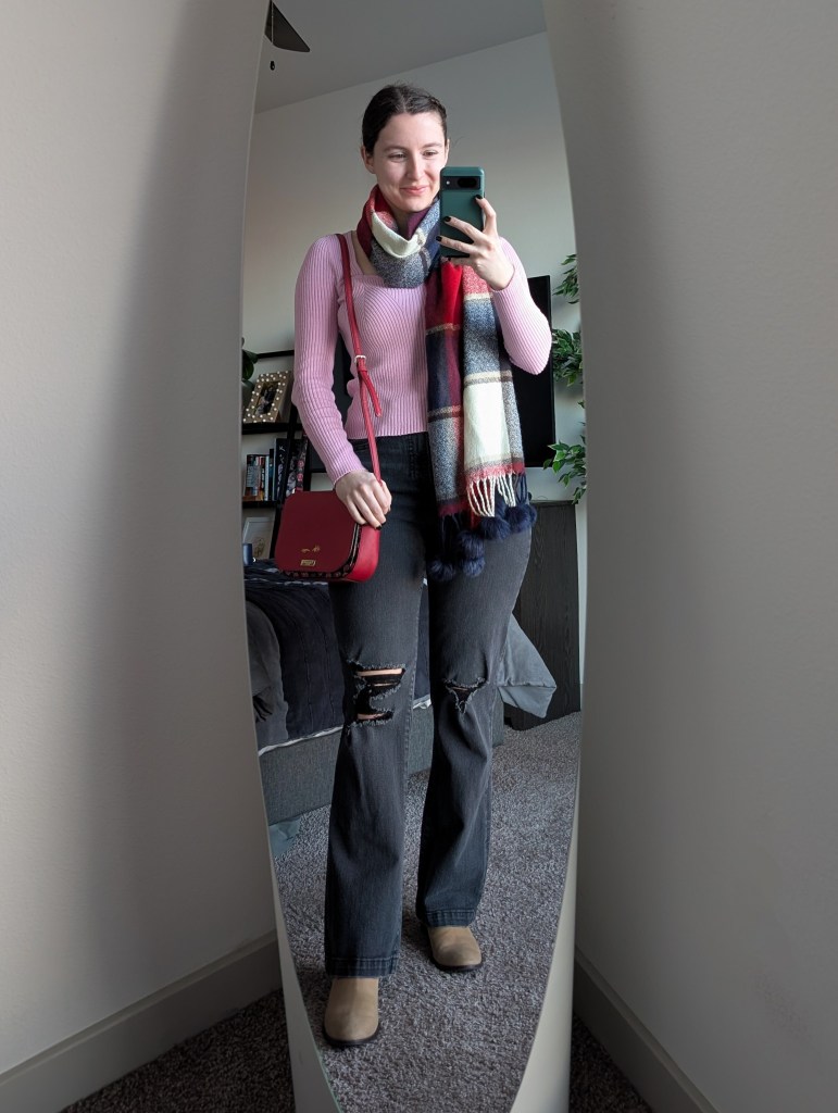 pink ribbed sweater old navy plaid blanket scarf grey ripped jeans express red kate spade purse