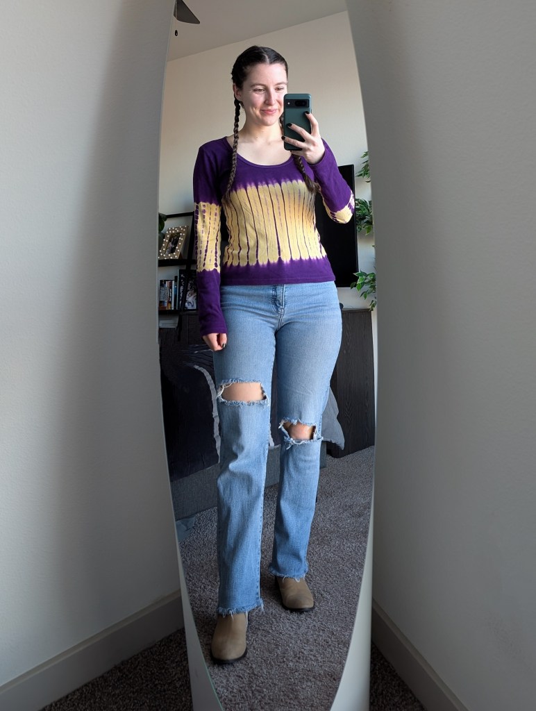 purple and yellow tie-dye tee ripped straight leg jeans taupe booties