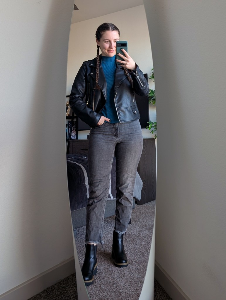 teal mockneck top black leather jacket grey mom jeans express black booties justfab