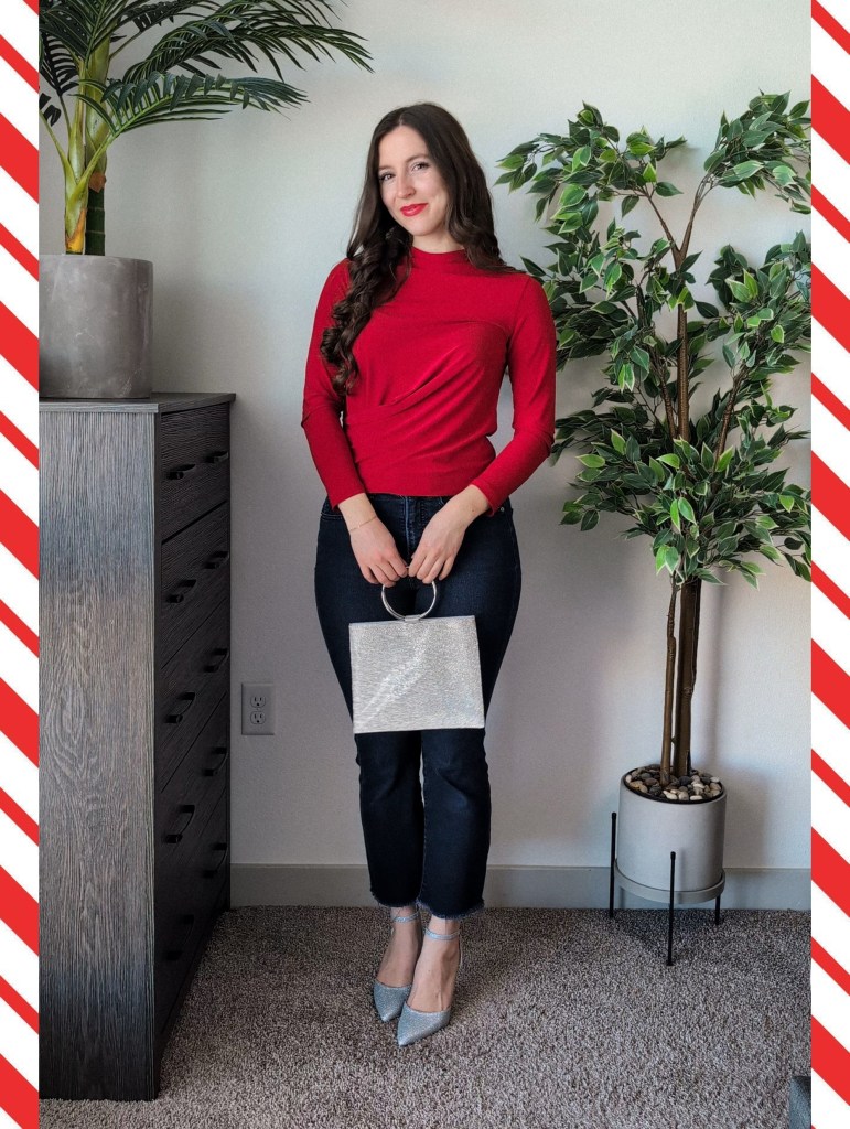 red blouse clara sunwoo christmas outfit holiday style sparkly purse sparkly heels justfab express jeans