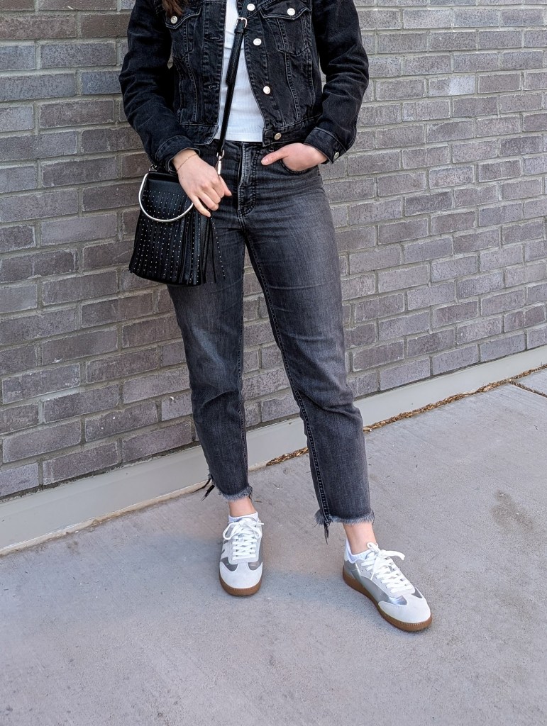 silver sneakers JustFab grey jeans express fringe leather purse