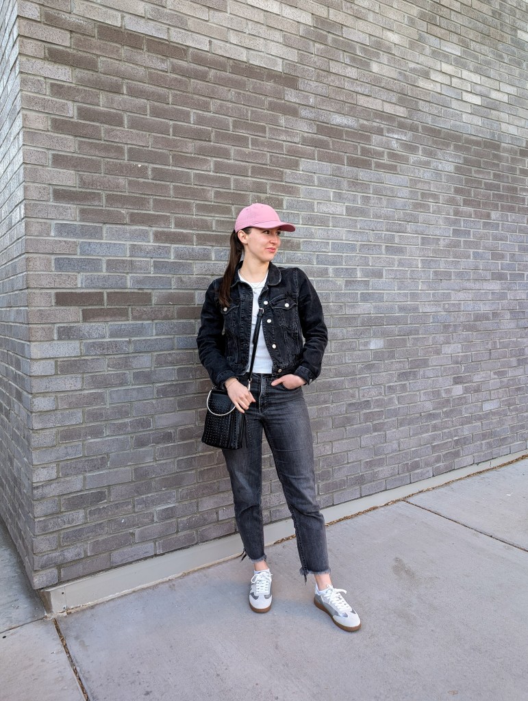 casual weekend outfit all black outfit denim on denim pink hat white tee
