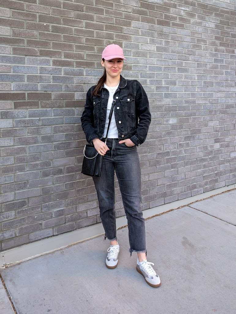 black denim jacket black jeans white tee silver sneakers casual style