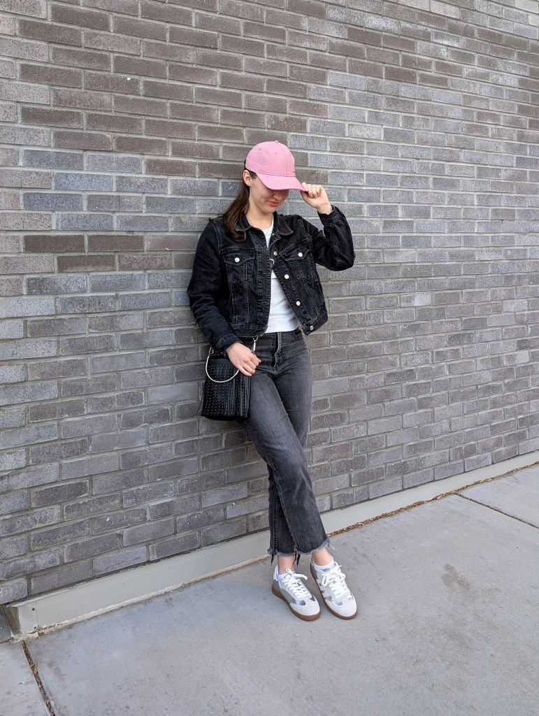 silver sneakers JustFab black denim jacket fringe purse grey jeans