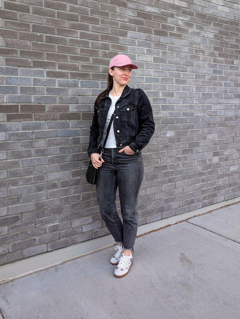 pink hat grey jeans denim on denim white tee weekend style casual outfit