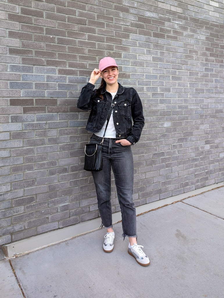 black denim jacket nordstrom topshop pink hat amazon fashion grey jeans express