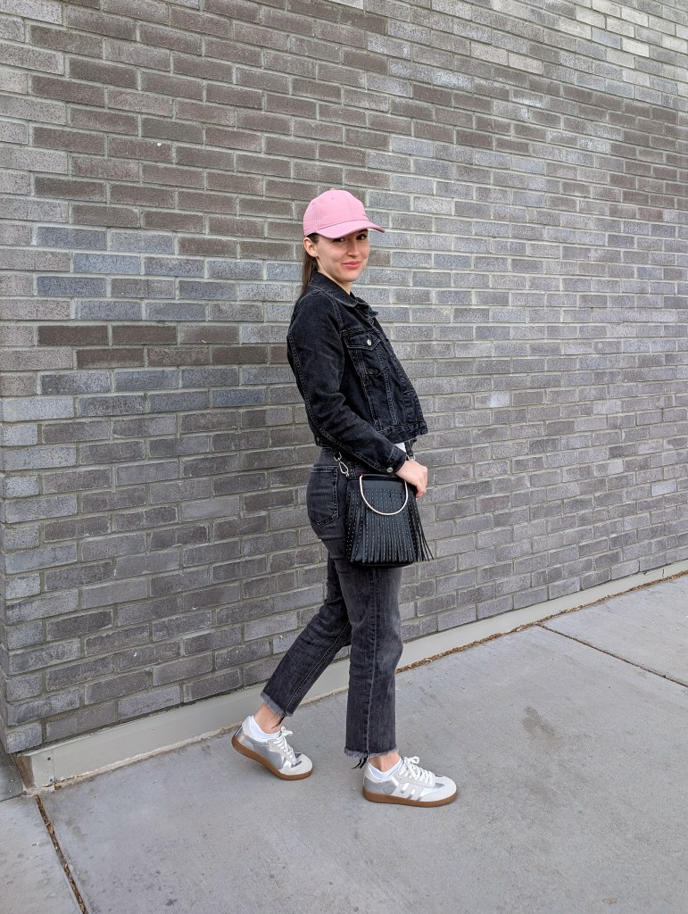 denim on denim weekend outfit grey on grey silver sneakers JustFab