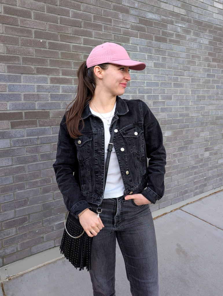 pink hat baseball cap weekend outfit casual style denim jacket white tee old navy