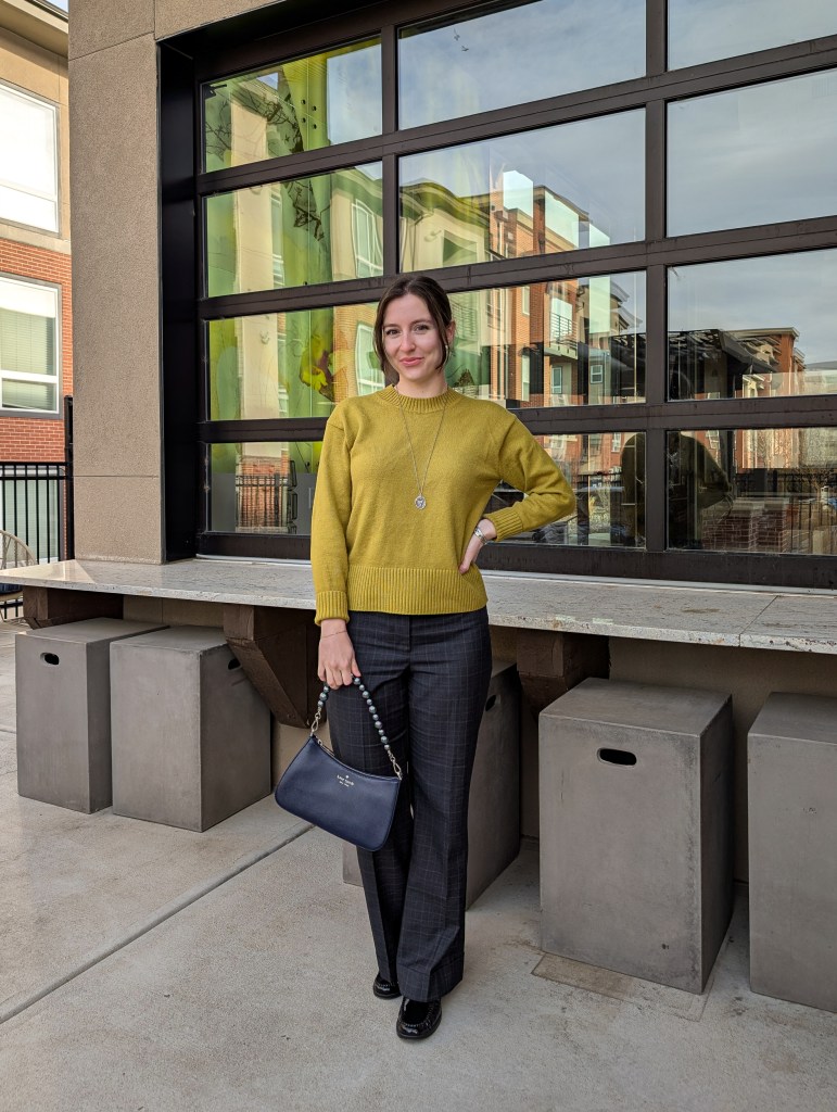 kate spade navy pearl purse work outfit business casual grey trousers