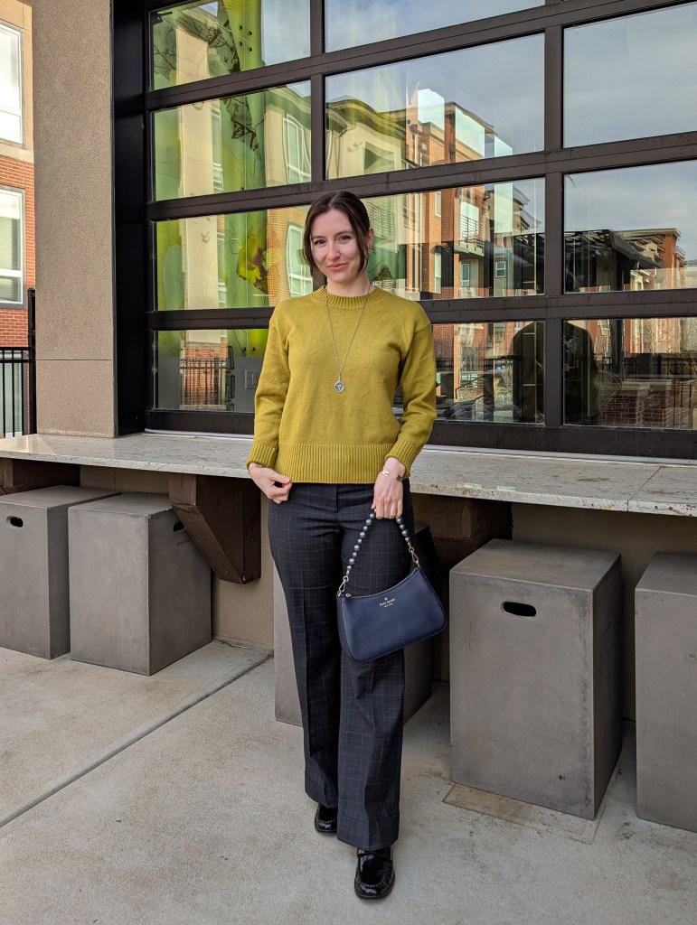 chartreuse sweater navy purse grey pants black loafers justfab