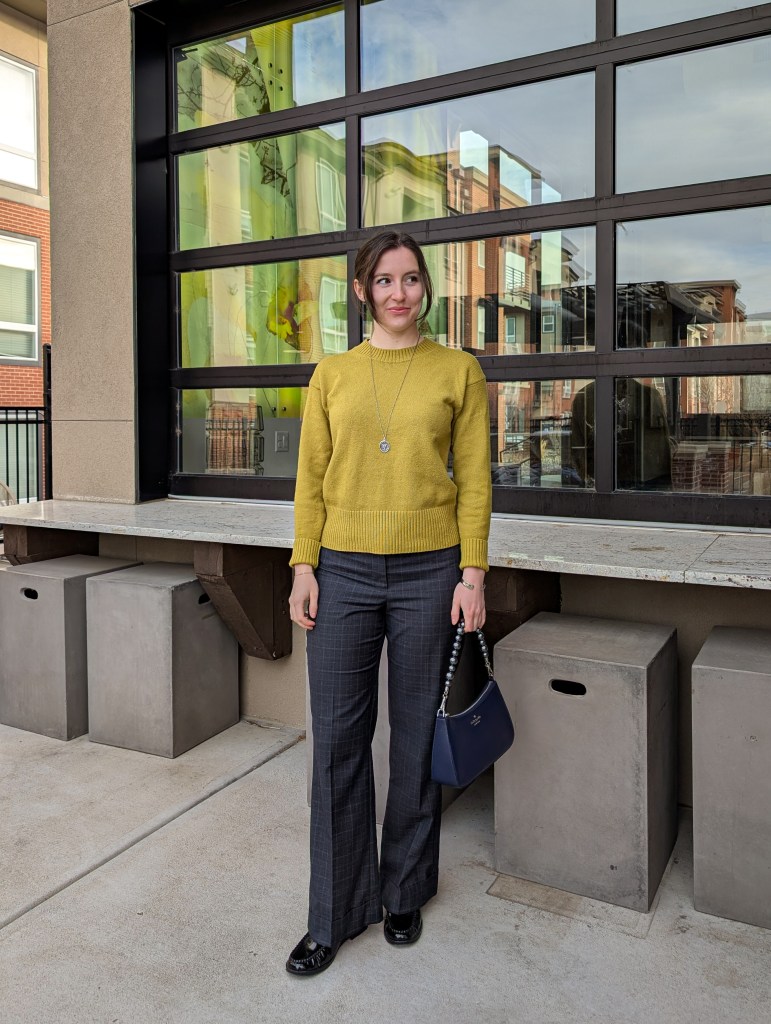 business casual work style chartreuse sweater grey pants windowpane thrifted finds