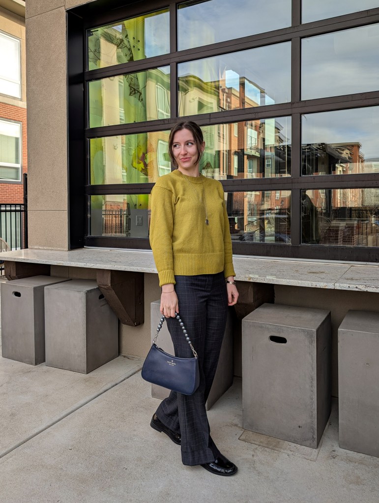 chartreuse sweater grey windowpane pants navy pearl purse kate spade new york
