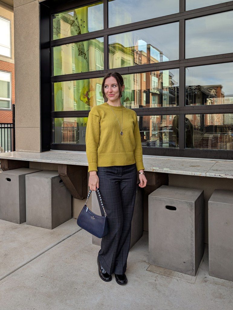 chartreuse sweater grey windowpane pants navy purse pearls loafers work outfit