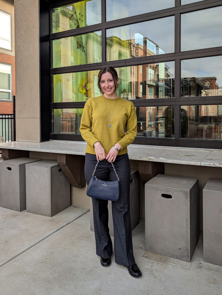 sweater weather business casual navy and chartreuse thrifted outfit black loafers work wear