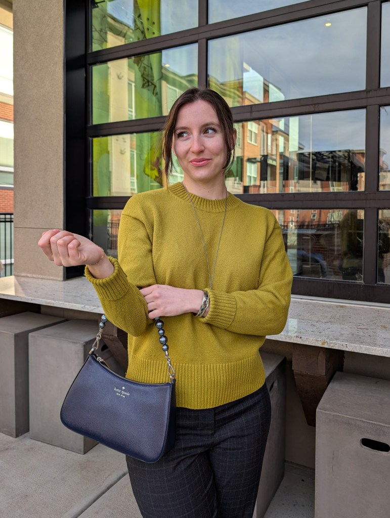 chartreuse sweater navy pearl purse grey windowpane pants work wear
