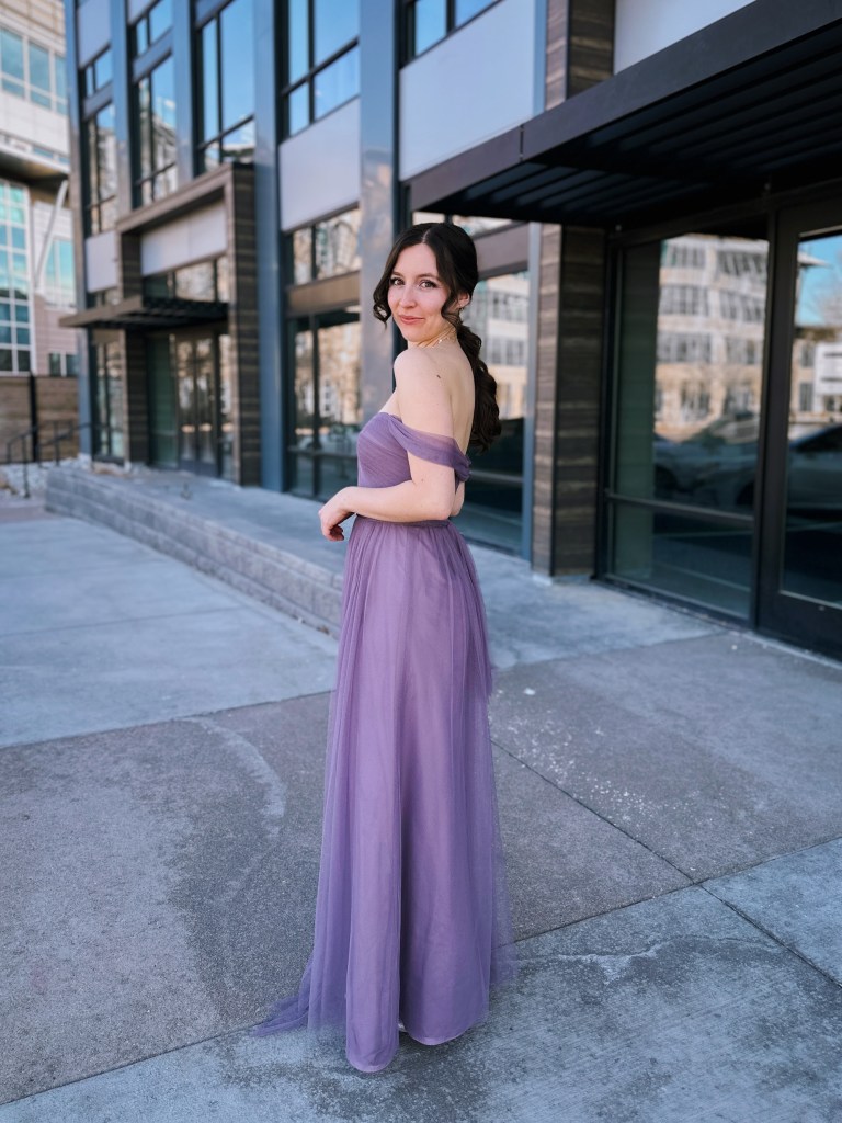 dressing up gown off the shoulder purple dress tulle thrifted find