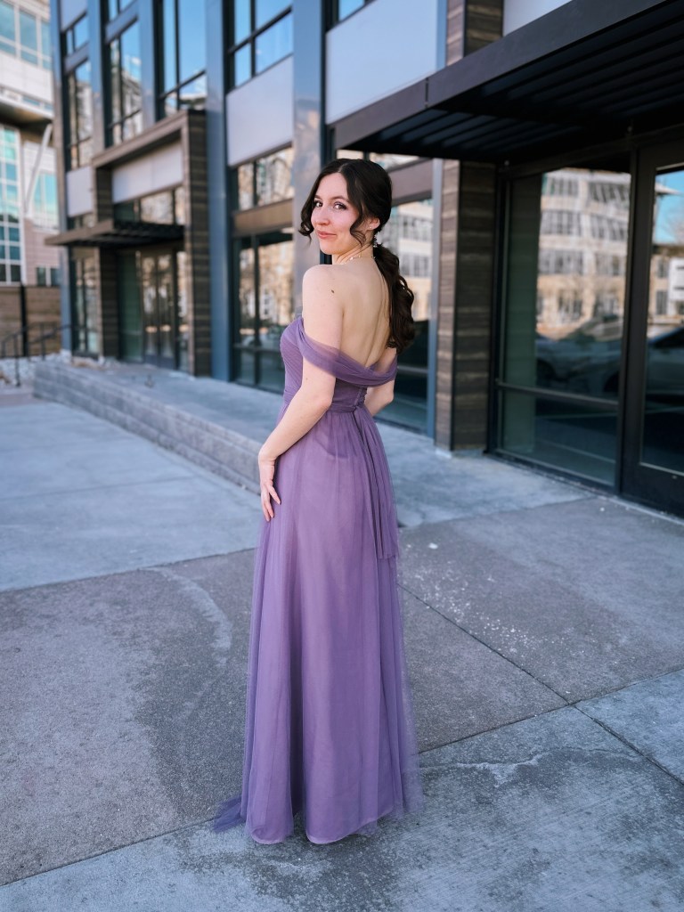 oscars party thrifted dress tulle loose curls dressing up wedding guest dress