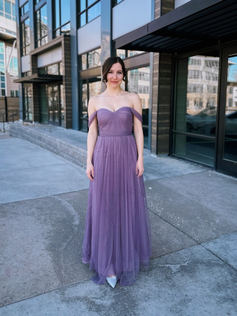 off the shoulder dress tulle purple gown silver heels thrifted fashion