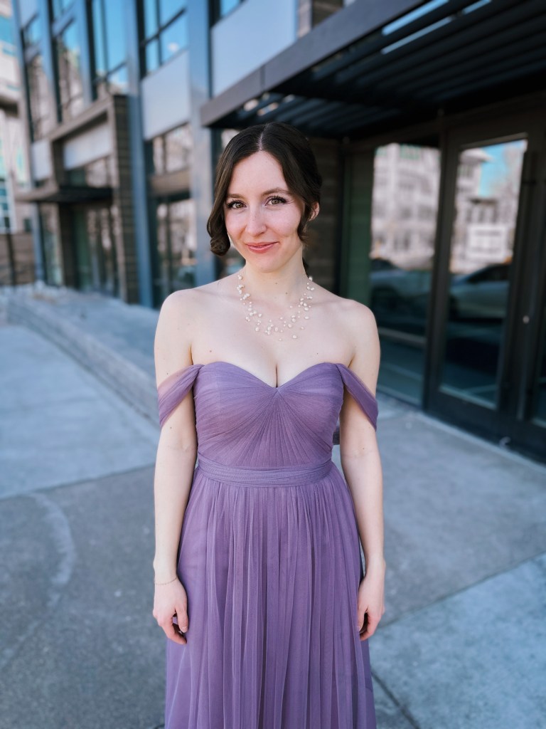 strapless gown off-the-shoulder purple tulle convertible dress thrifted fashion pearl necklace
