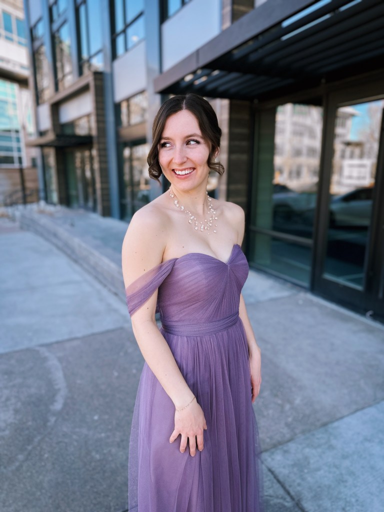 pearl necklace off the shoulder purple dress tulle oscars party dressing up wedding guest