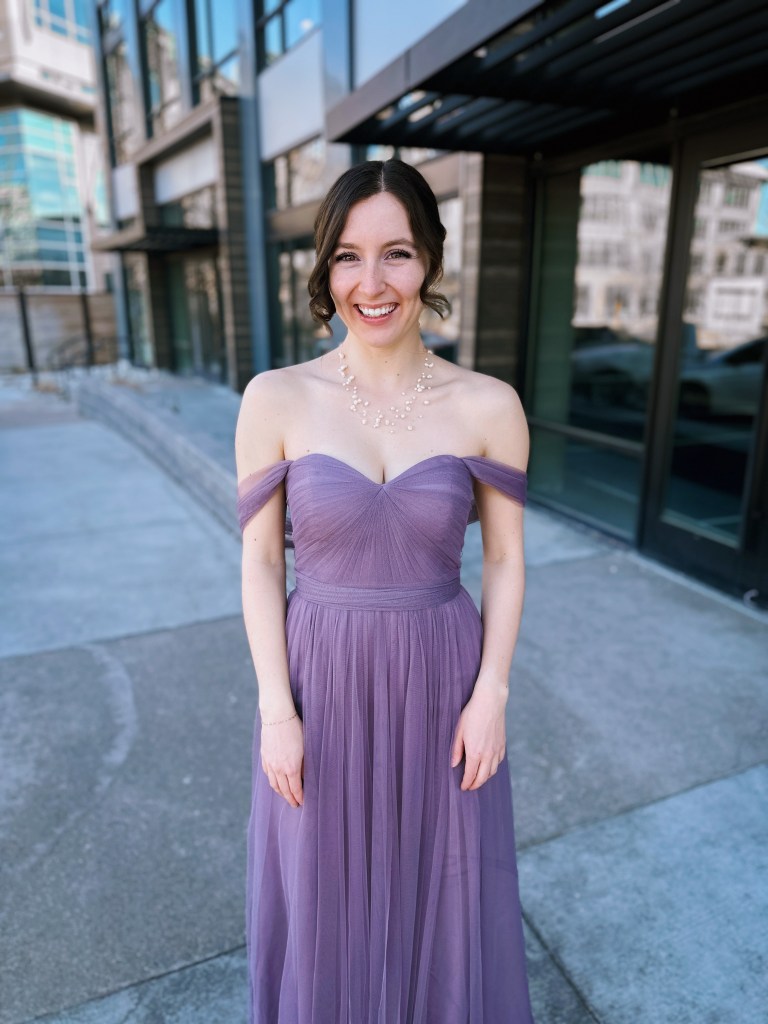 purple tulle off the shoulder gown thrifted fashion cost per wear outfit repeater slow fashion