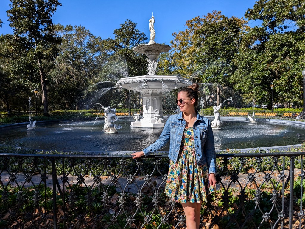 forsythe park savannah georgia fountain floral dress denim jacekt