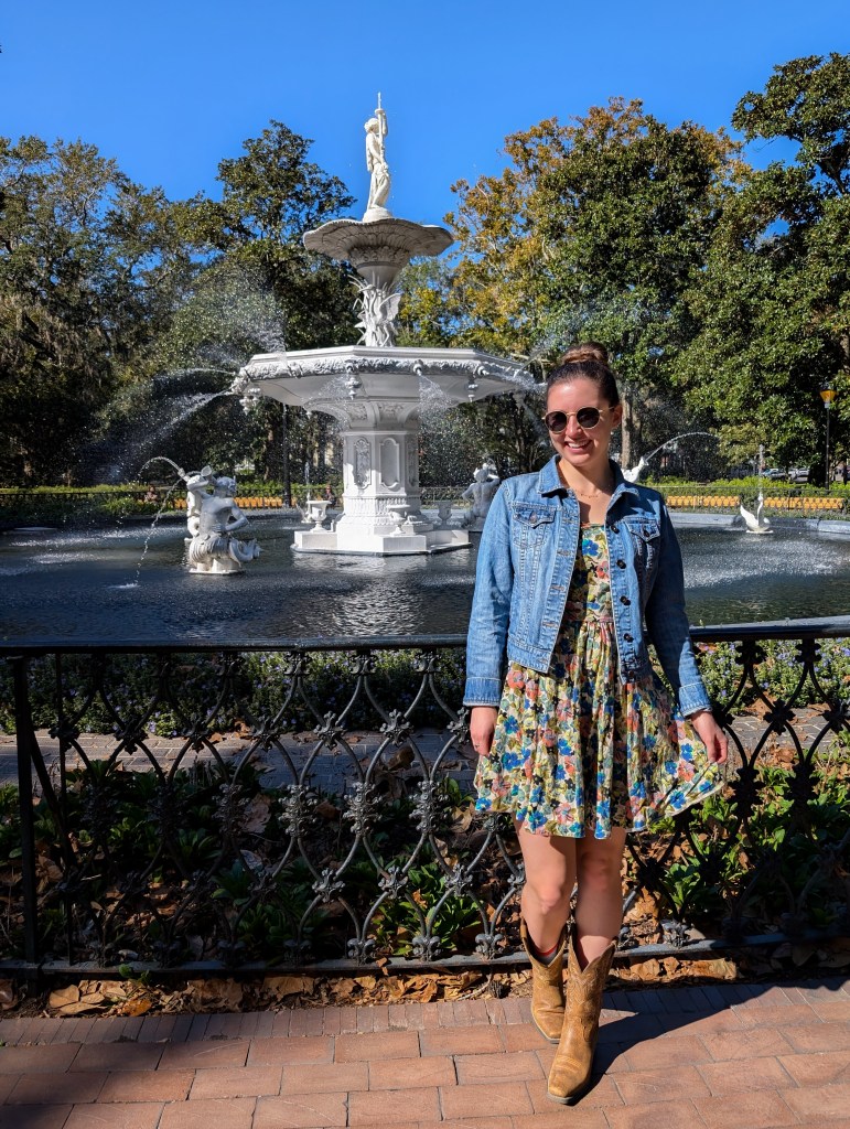 forsyth park denim jacket floral dress thrifted find savannah georgia southern road trip