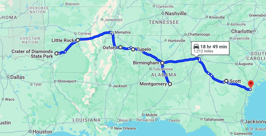 southern road trip route arkansas mississippi alabama georgia