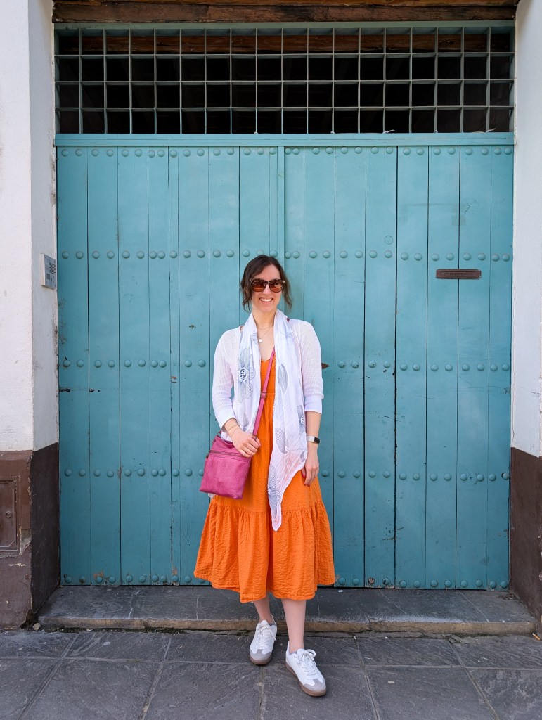 orange maxi dress tj maxx what i packed for spain white cardigan triana sevilla