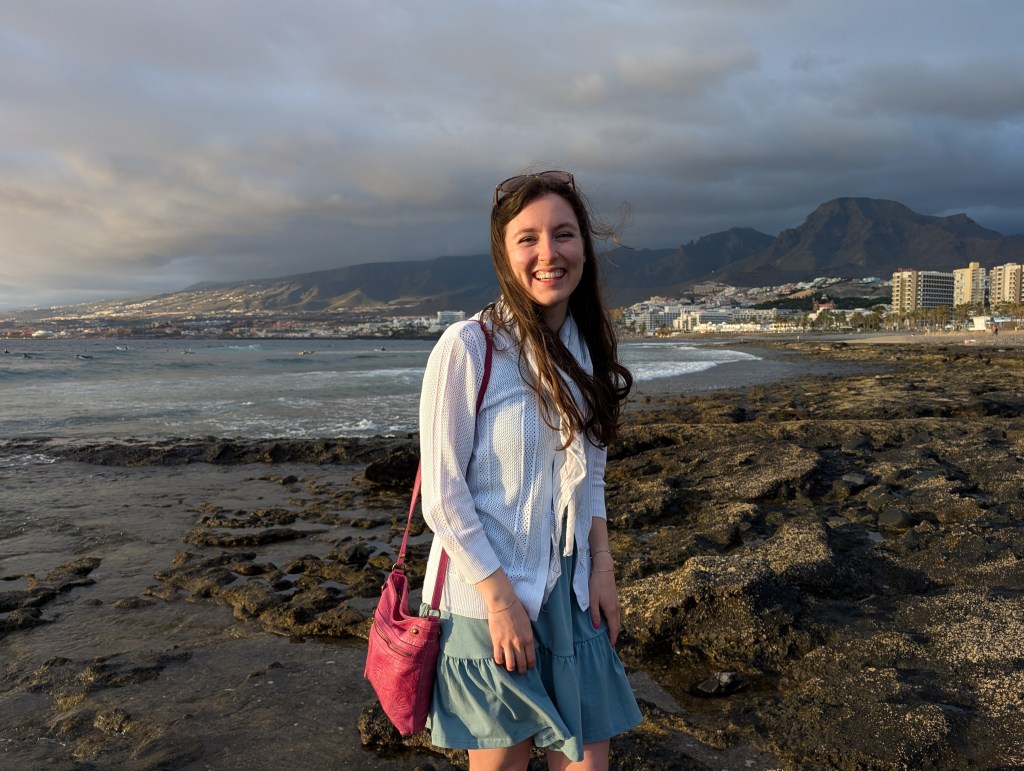 tenerife costa adeje canary islands volcanic scenery black sand beach white cardigan thrifted find blue dress amazon