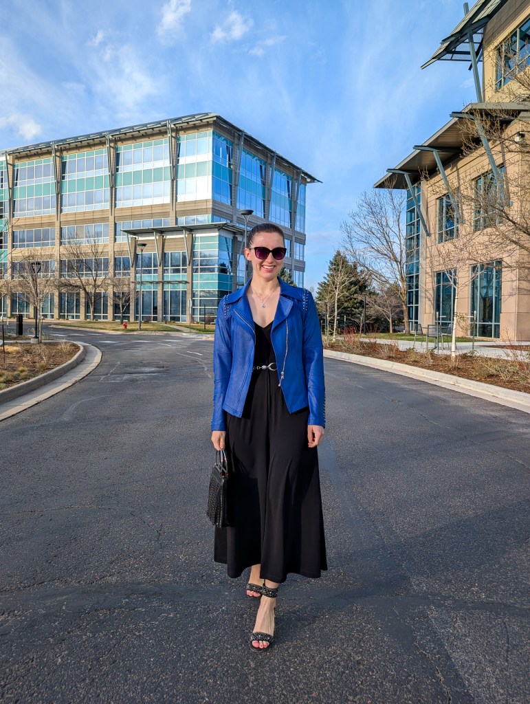 cobalt blue jacket studs black jumpsuit chain belt date night outfit