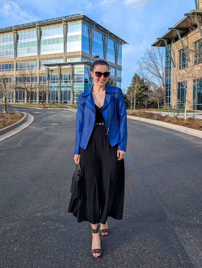 date night outfit cobalt blue studded jacket black jumpsuit clara sunwoo