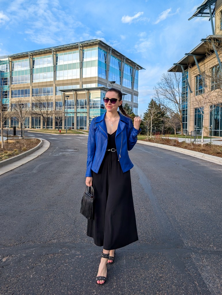 clara sunwoo collaboration blue cobalt jacket studs heels jumpsuit