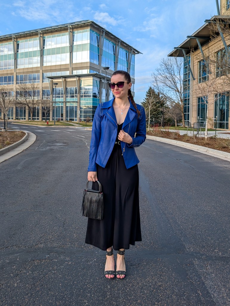 clara sunwoo date night black jumpsuit cobalt blue studded jacket dressing up