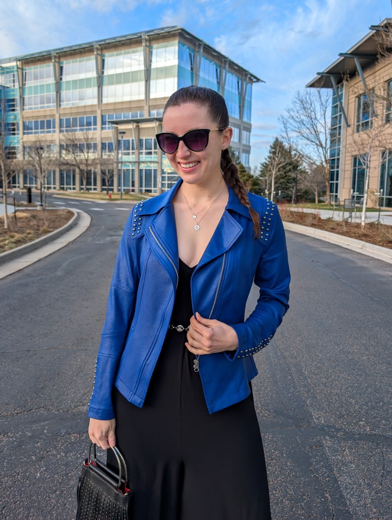 date night outfit cobalt blue studded jacket clara sunwoo monthly favorites