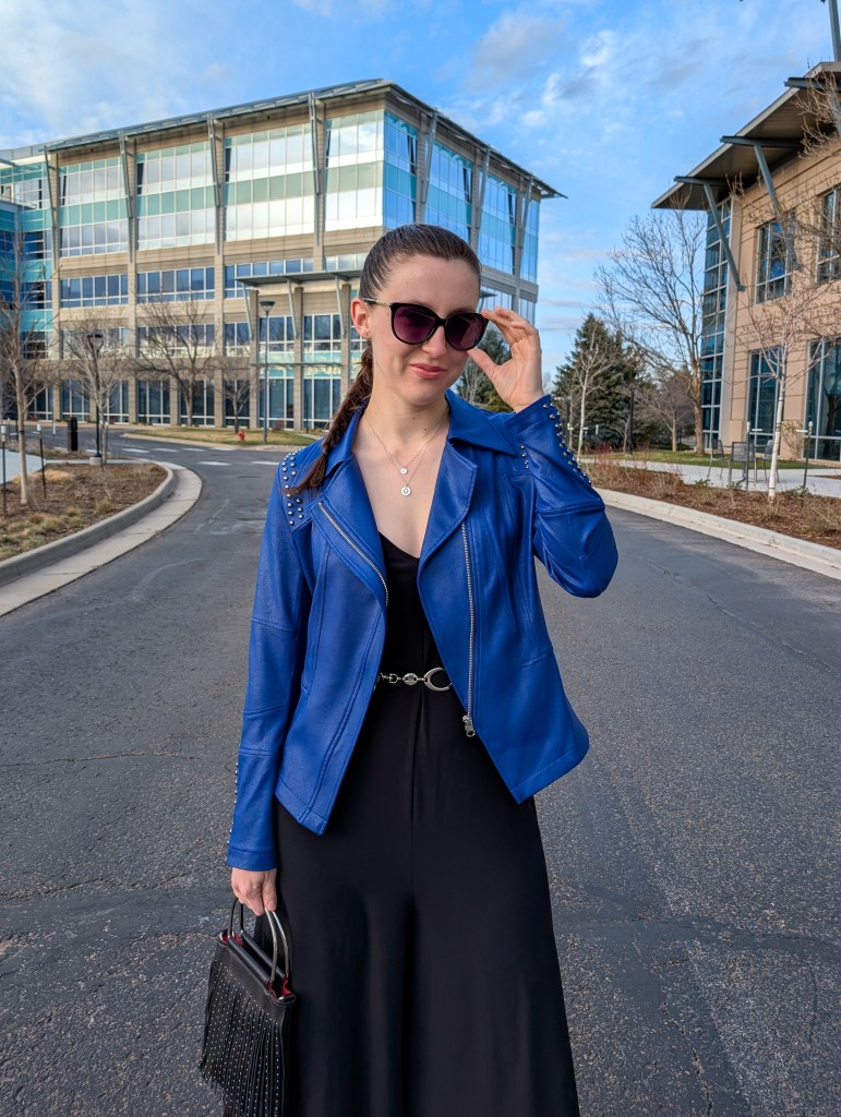 cobalt blue jacket studs black jumpsuit clara sunwoo mother daughter design duo