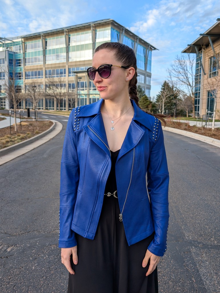 liquid leather jacket clara sunwoo cobalt blue black jumpsuit date night outfit