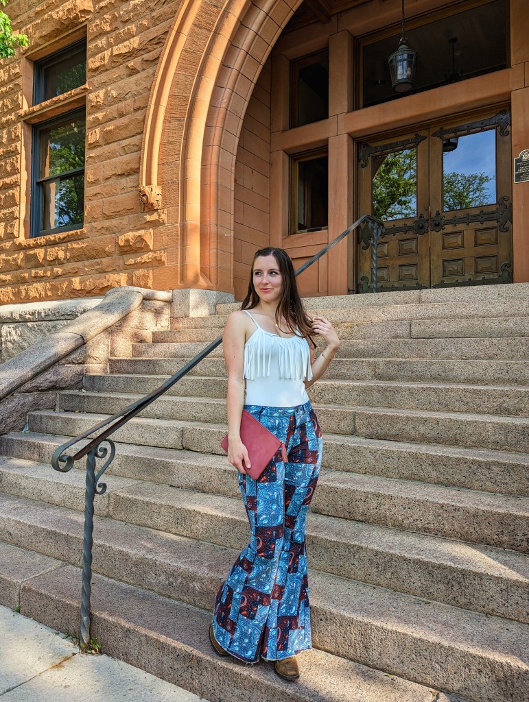 complementary colors fringe bodysuit printed pants bell bottoms western style